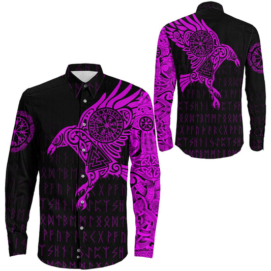 Long Sleeve Button Shirt - The Raven Of Odin Tattoo Pink Version 