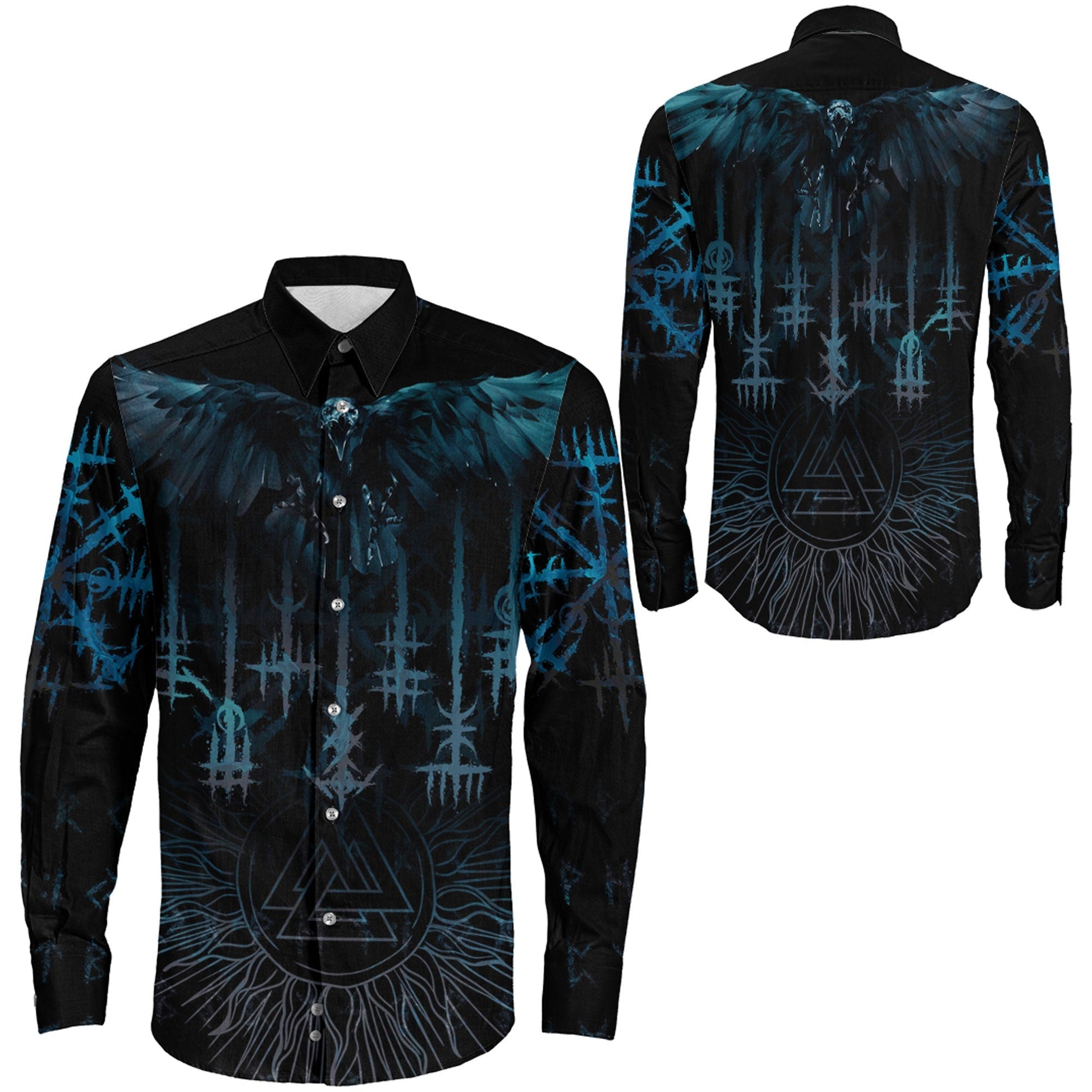 Raven and Valknut Cyan Style Long Sleeve Button Shirt