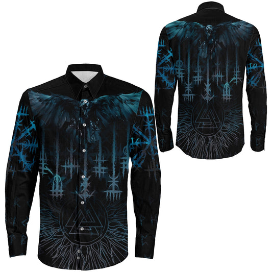 Raven and Valknut Cyan Style Long Sleeve Button Shirt