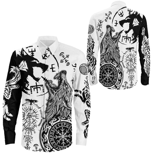 Viking Wolf Fenrir Skoll and Hati White Long Sleeve Button Shirt