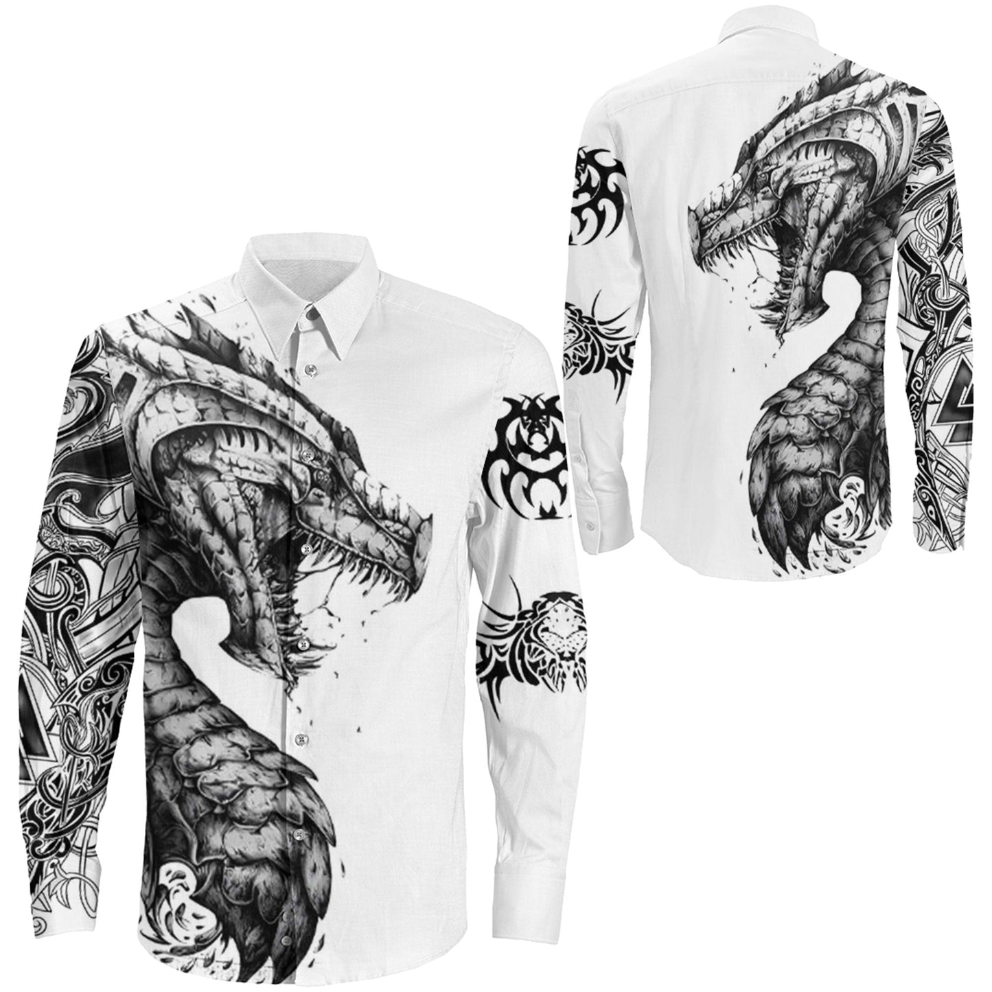 Dragon White Celtic Warship Long Sleeve Button Shirt