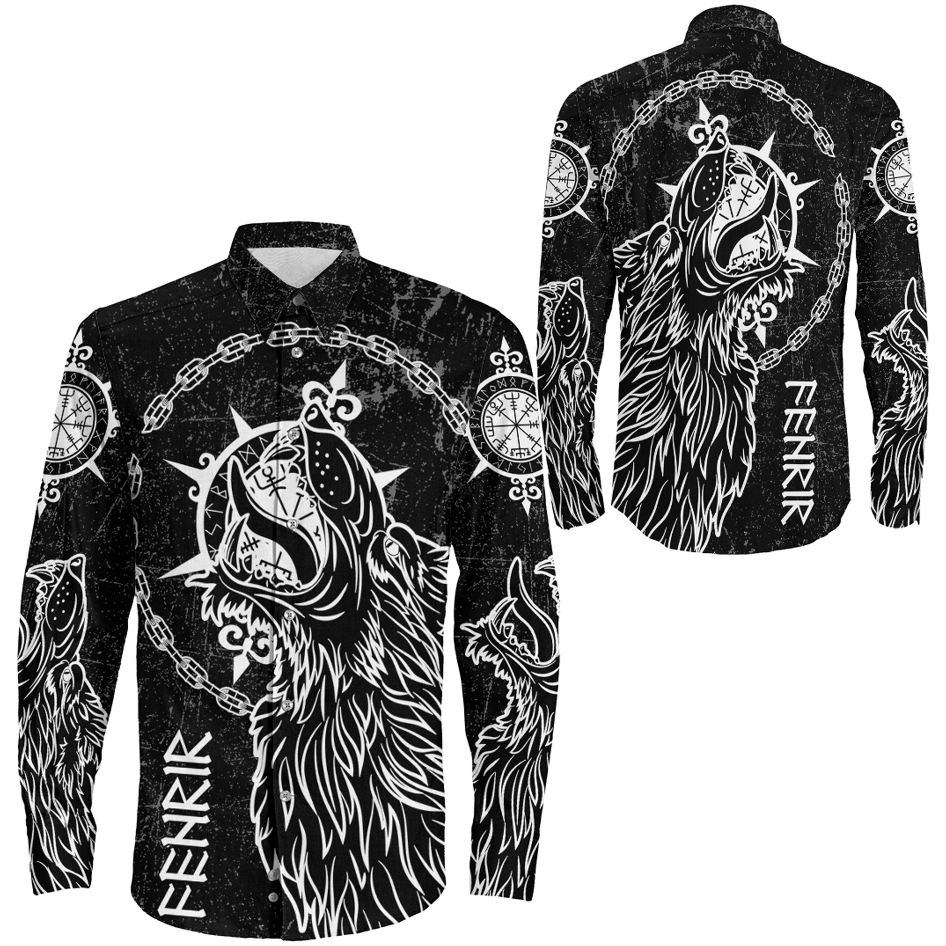 Fenrir Wolf Mythology On White Long Sleeve Button Shirt
