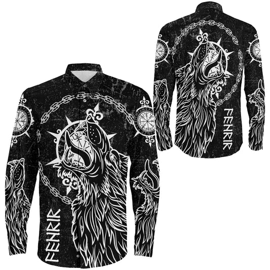 Fenrir Wolf Mythology On White Long Sleeve Button Shirt
