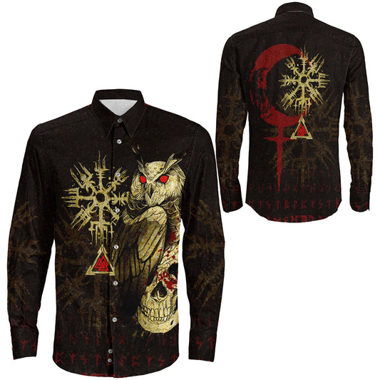 Viking Owl Skull Blood Gold Style Long Sleeve Button Shirt