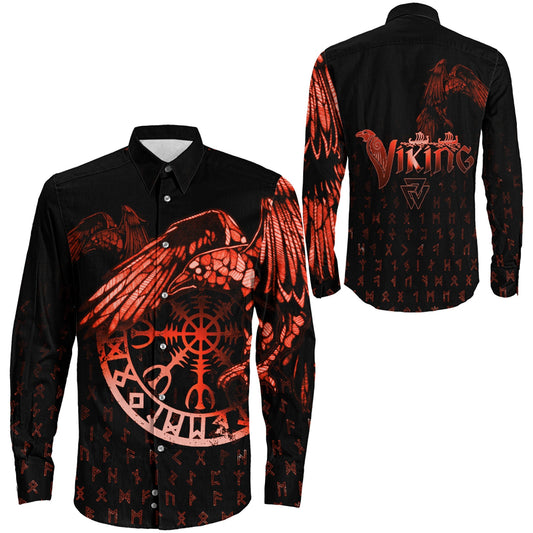 VikingStyle Clothing -Raven Helm of Awe Red Long Sleeve Button Shirt