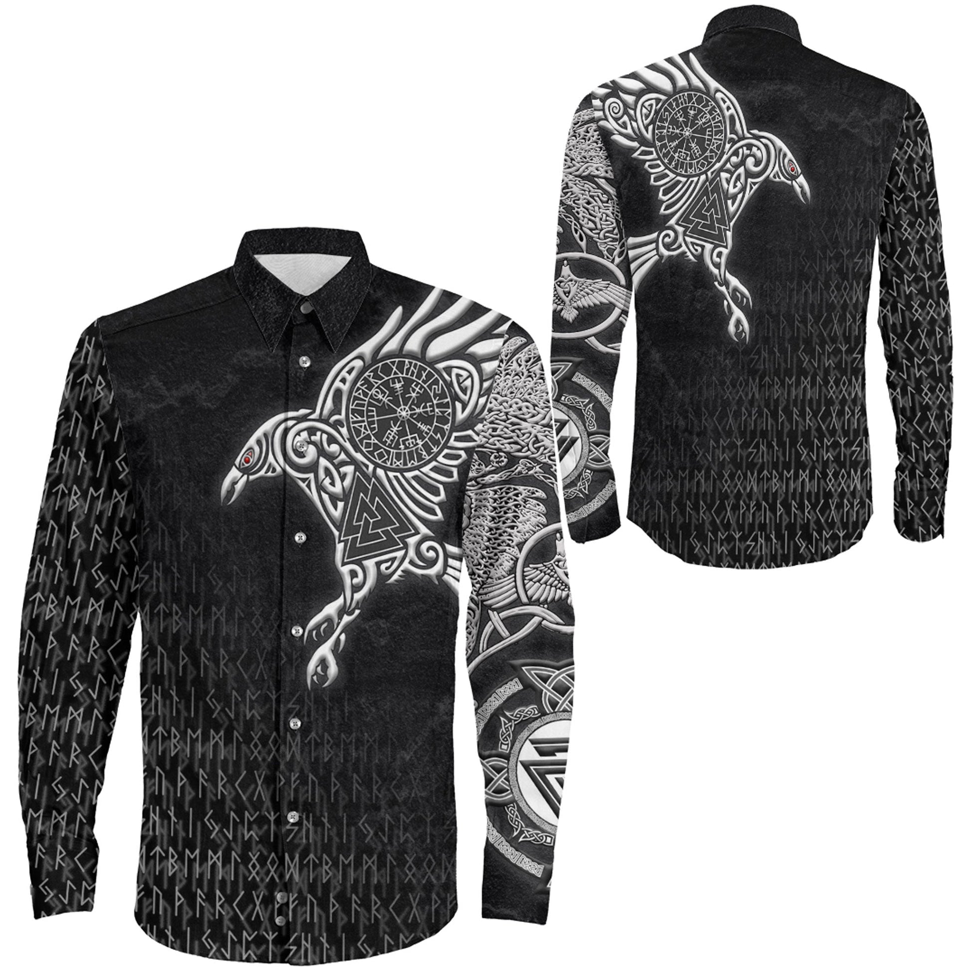 Raven Symbol Silver Viking Long Sleeve Button Shirt