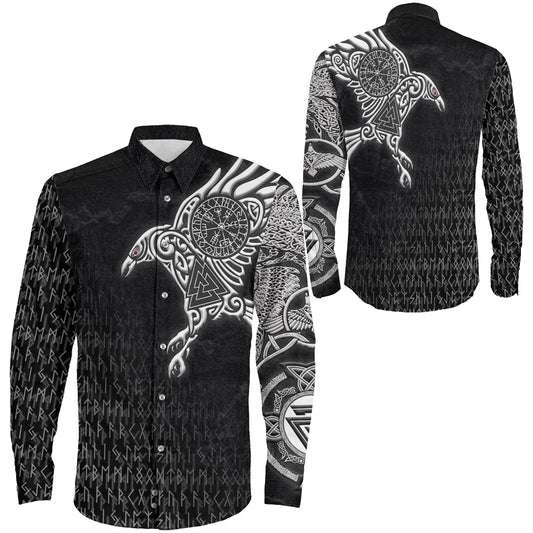 Raven Symbol Silver Viking Long Sleeve Button Shirt