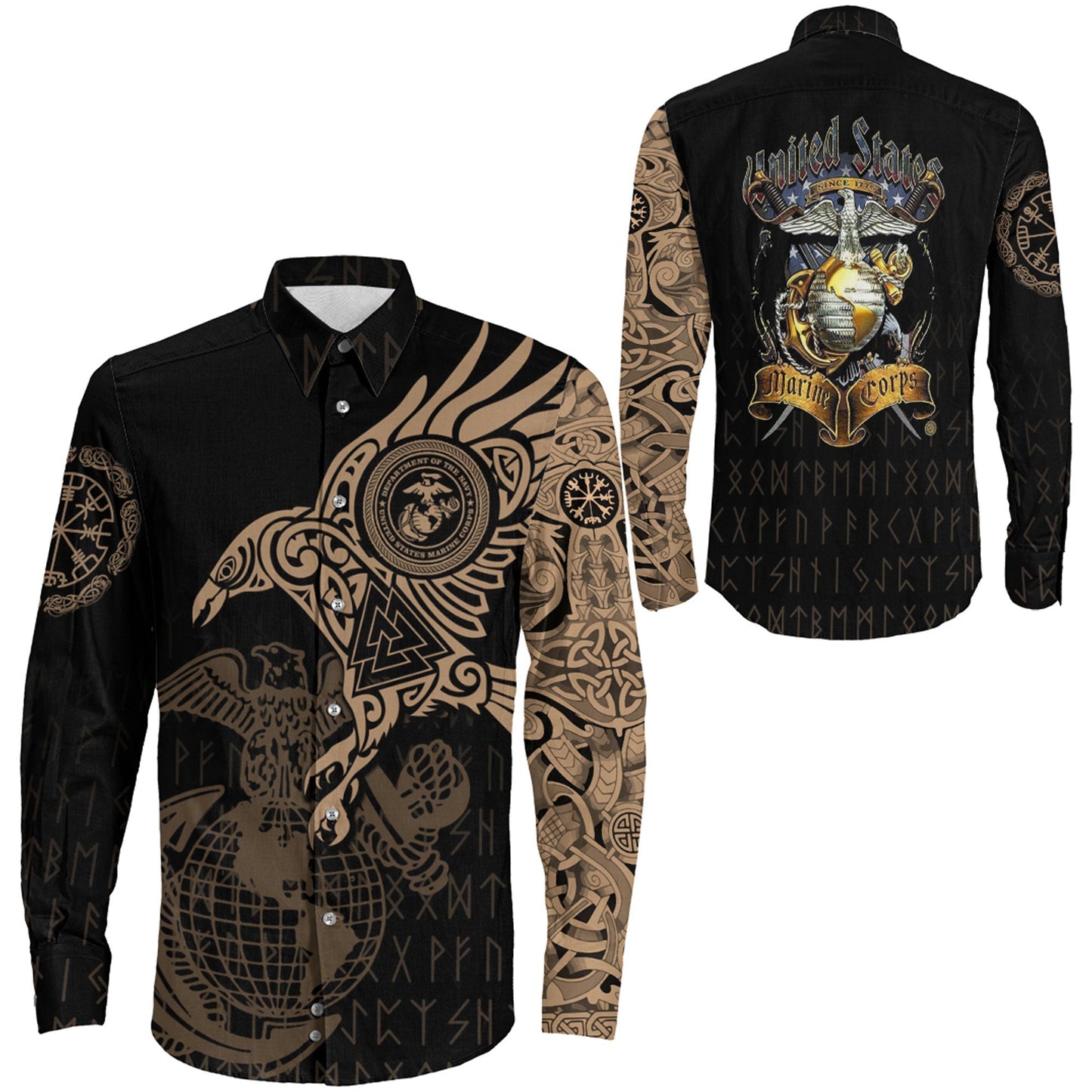 Long Sleeve Button Shirt - The Raven Of Odin Tattoo Army Version 