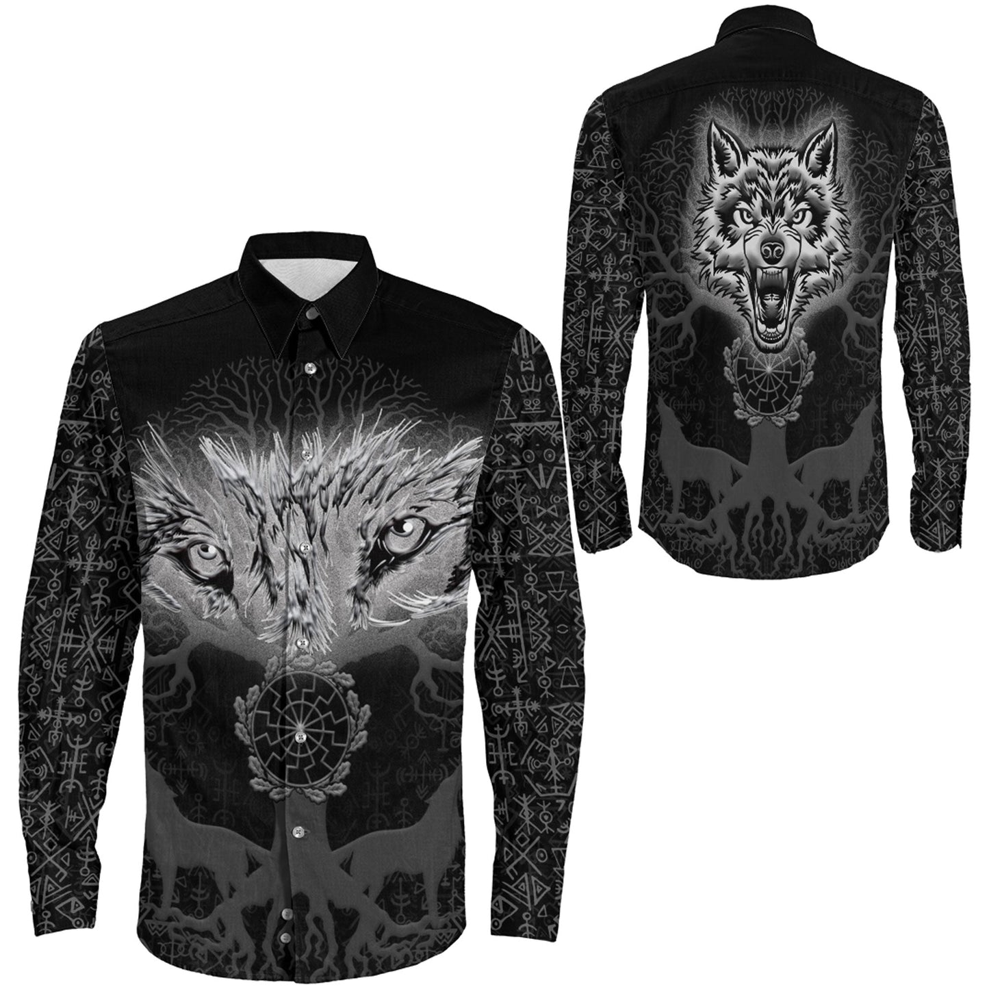 Tree And Wolf viking Long Sleeve Button Shirt