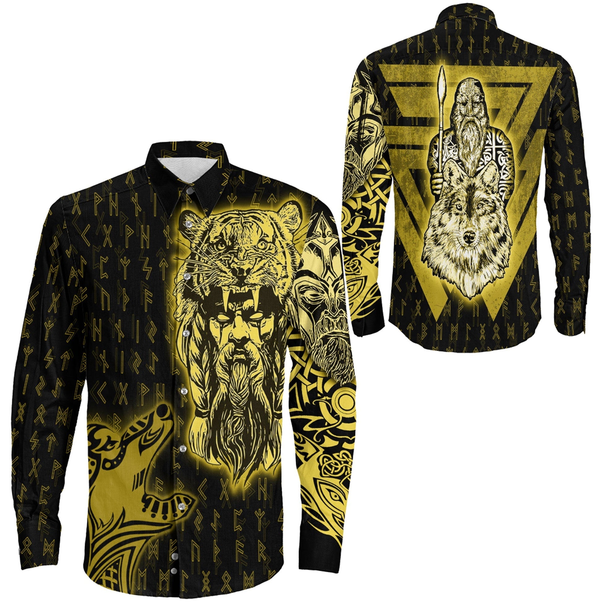 VikingStyle Clothing -Odin and Wolf Viking Gold Long Sleeve Button Shirt