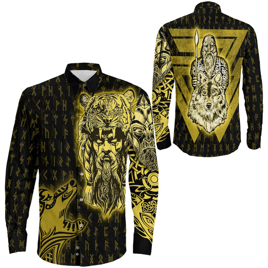 VikingStyle Clothing -Odin and Wolf Viking Gold Long Sleeve Button Shirt