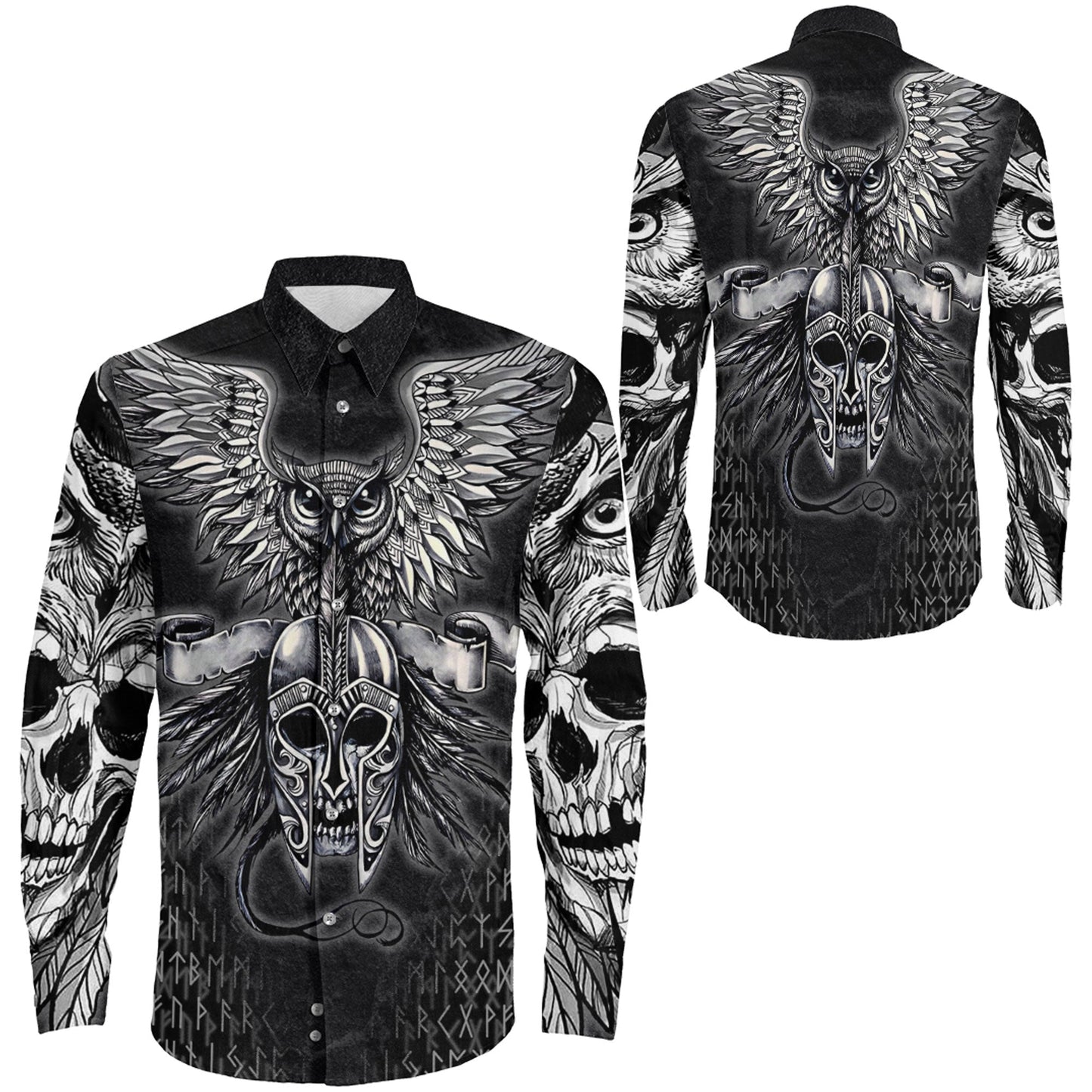 Owl Skull Silver Viking Long Sleeve Button Shirt