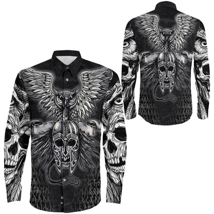 Owl Skull Silver Viking Long Sleeve Button Shirt