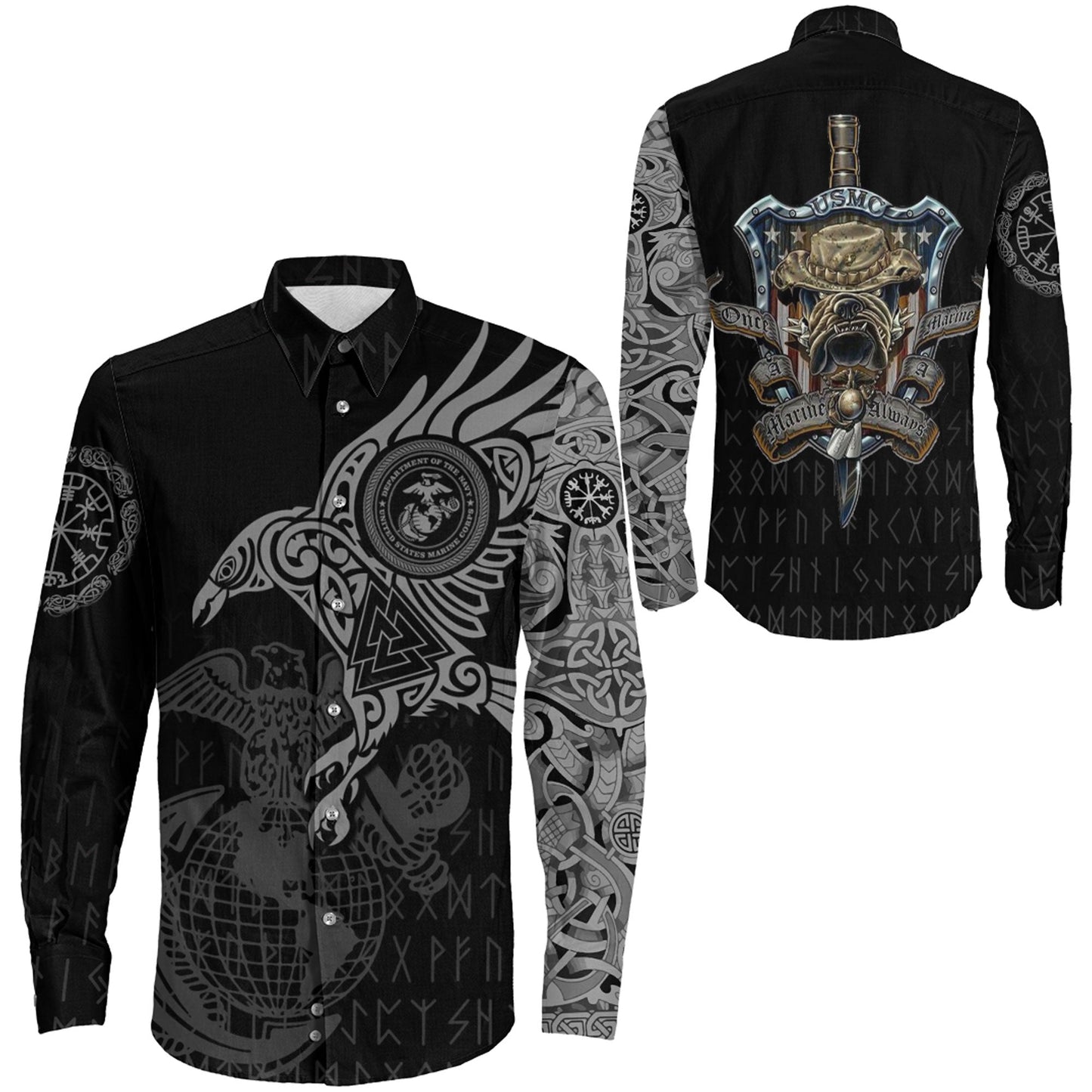 Long Sleeve Button Shirt - The Raven Of Odin Tattoo Army 
