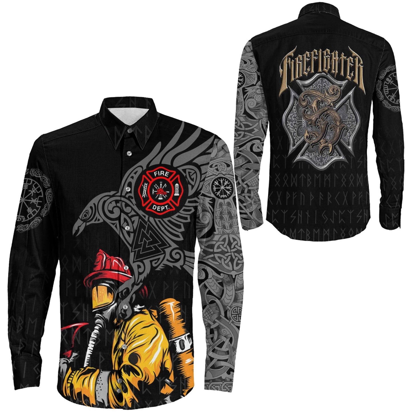 Long Sleeve Button Shirt - The Raven Of Odin Tattoo Firefighter 