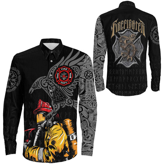Long Sleeve Button Shirt - The Raven Of Odin Tattoo Firefighter 