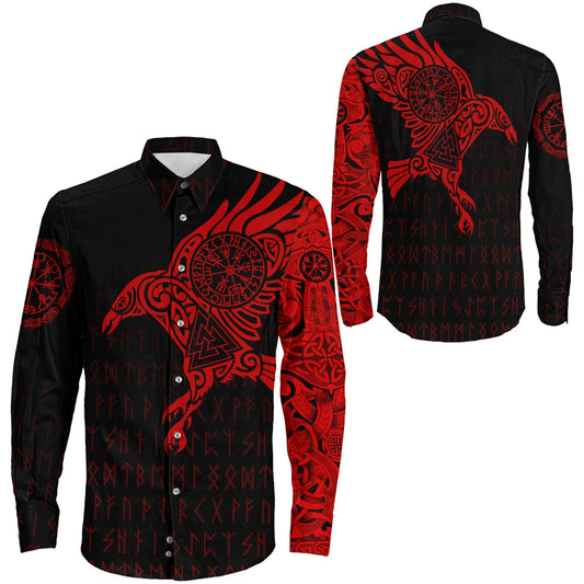 VikingStyle Clothing -Long Sleeve Button Shirt - The Raven Of Odin Tattoo Red Version 