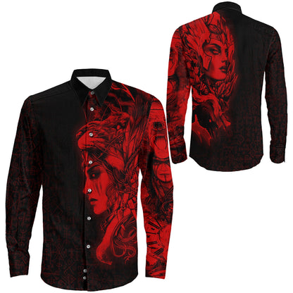 Valkyries And Bear Raven Red Long Sleeve Button Shirt