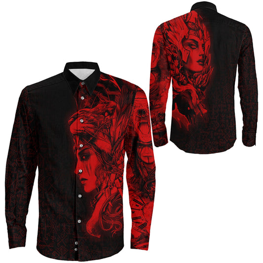 Valkyries And Bear Raven Red Long Sleeve Button Shirt