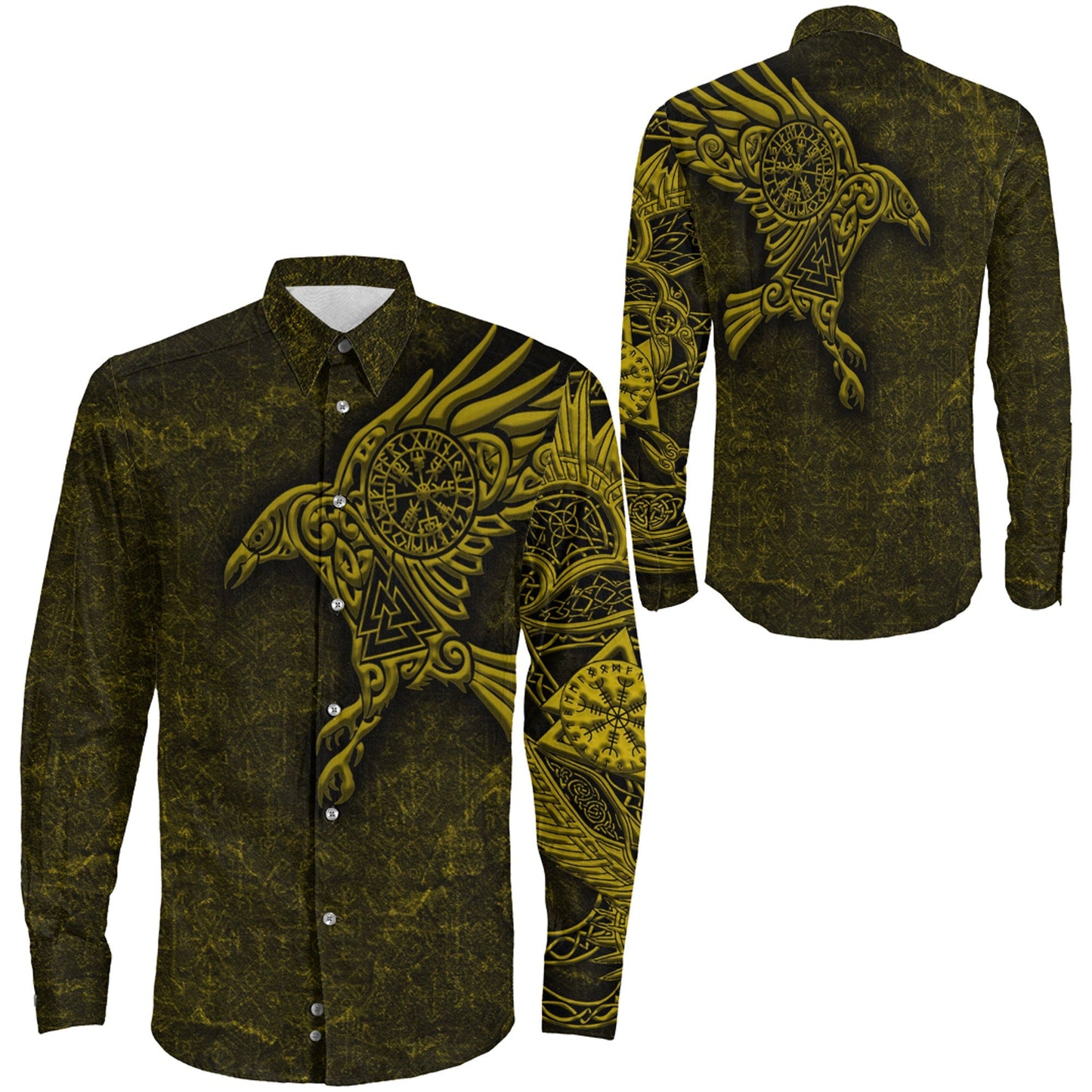 Raven Vegvisir Gold Viking Long Sleeve Button Shirt