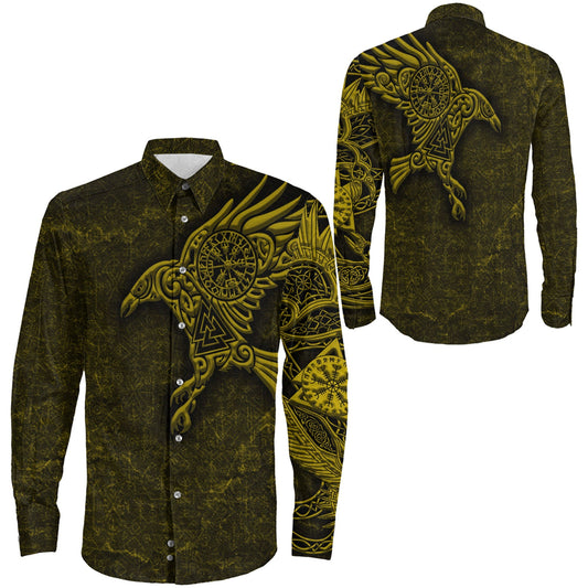 Raven Vegvisir Gold Viking Long Sleeve Button Shirt