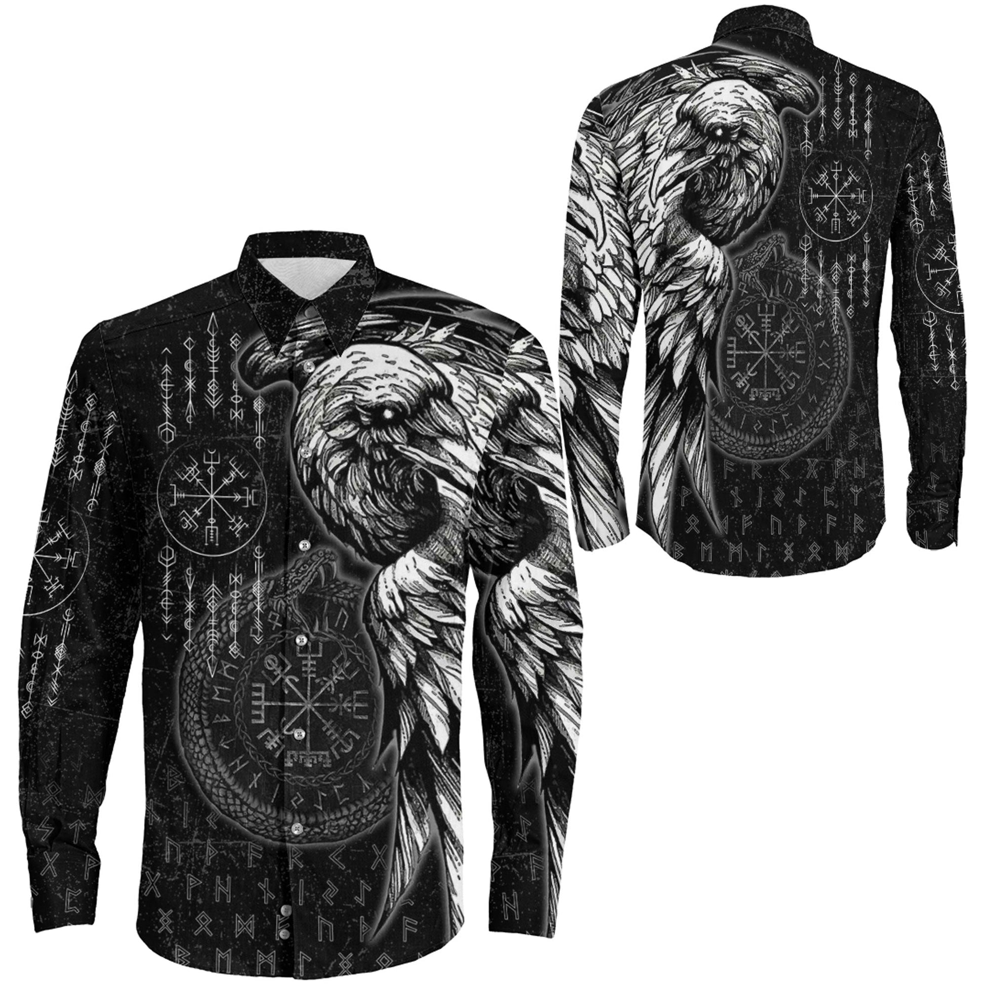 Raven and Ouroboros Brush Style Long Sleeve Button Shirt