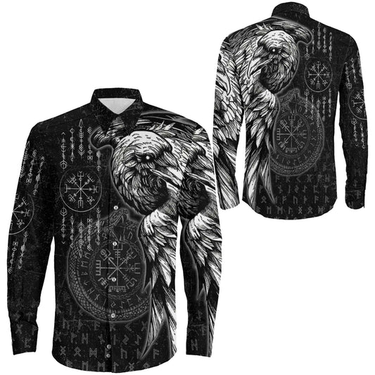 Raven and Ouroboros Brush Style Long Sleeve Button Shirt