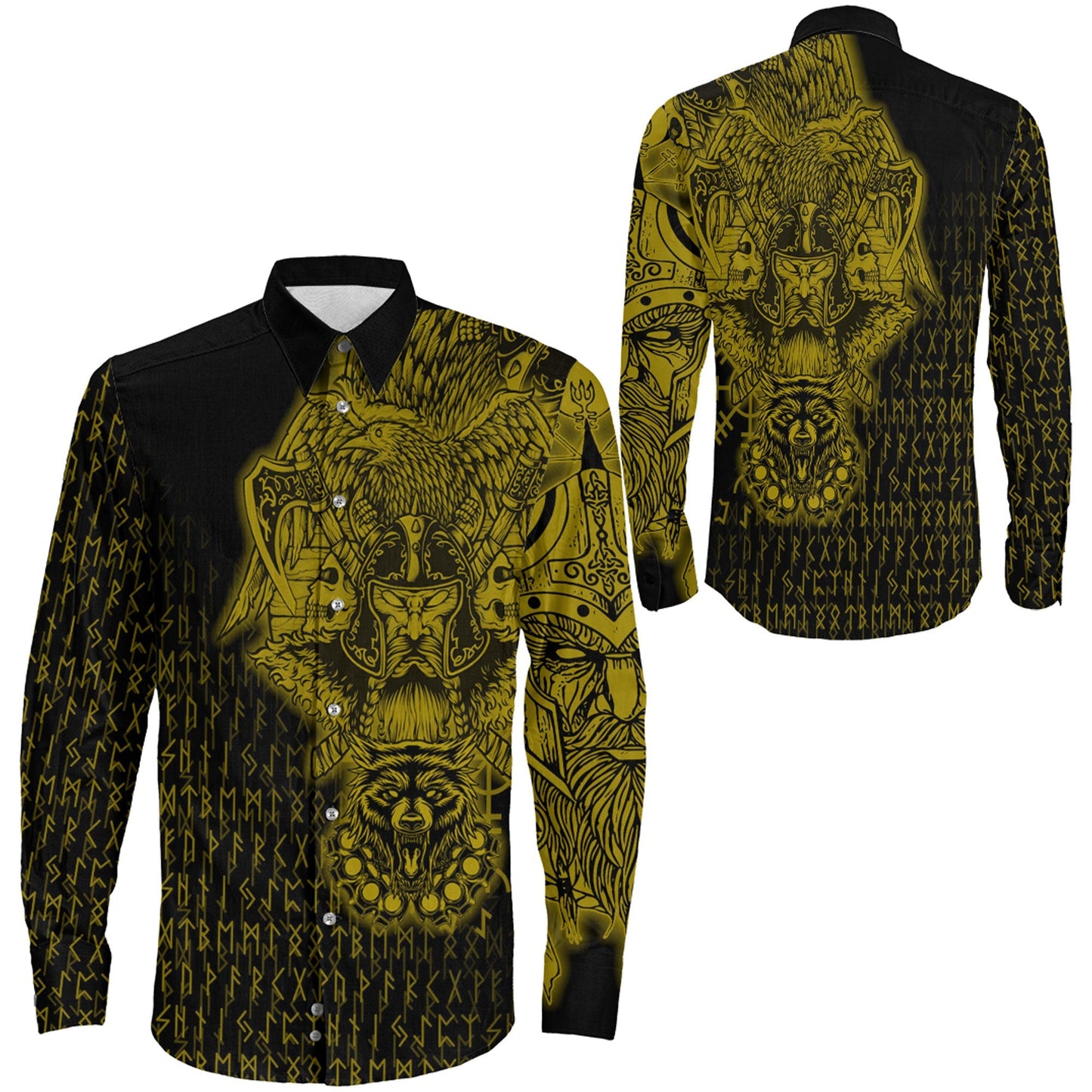 Odin And Raven Wolf Gold Viking Long Sleeve Button Shirt