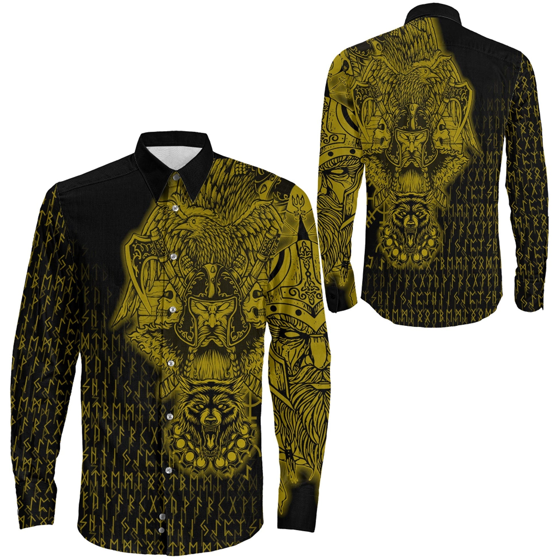Odin And Raven Wolf Gold Viking Long Sleeve Button Shirt
