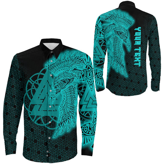 Raven Valknut Turquoise Viking Long Sleeve Button Shirt