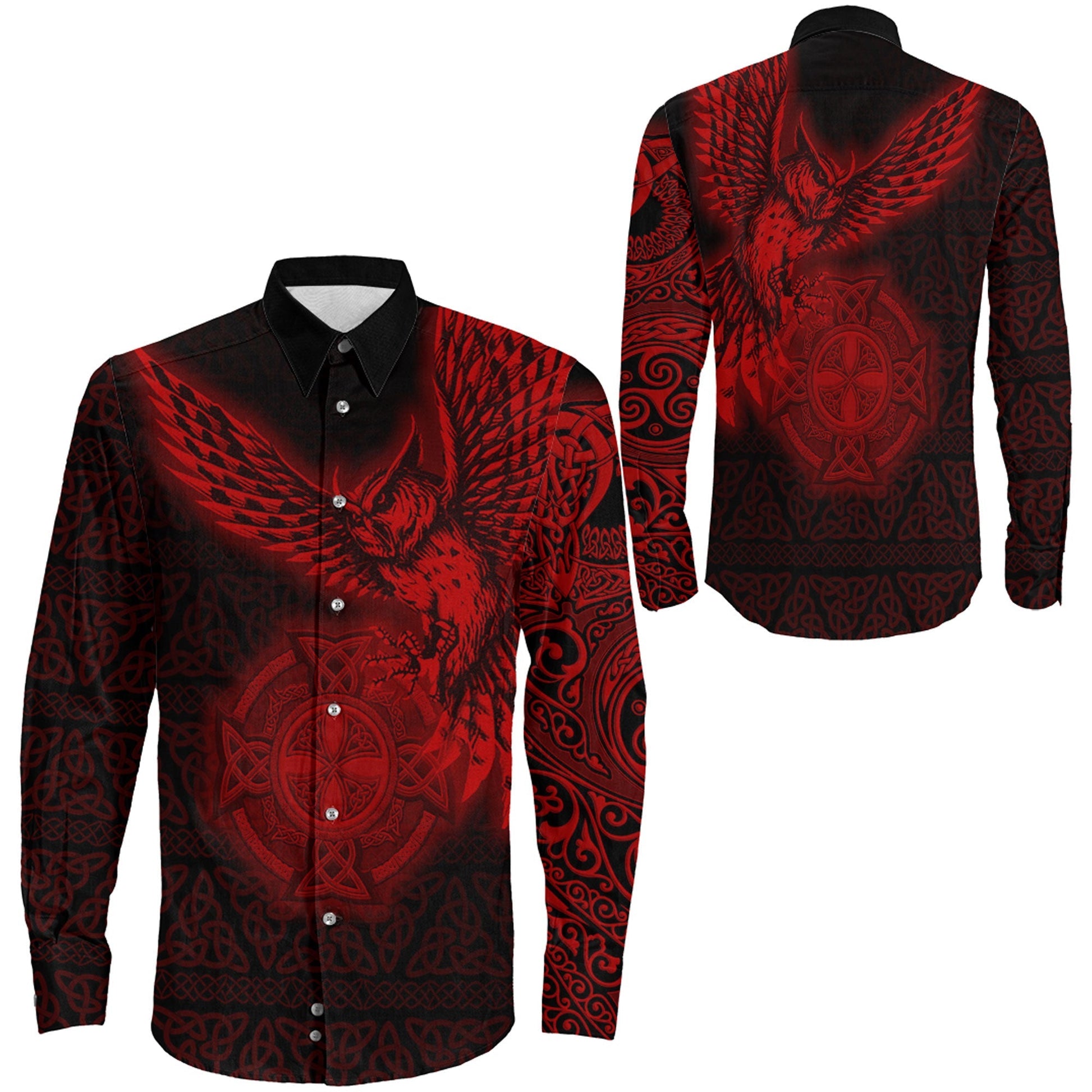 Owl Symbol Red Viking Long Sleeve Button Shirt