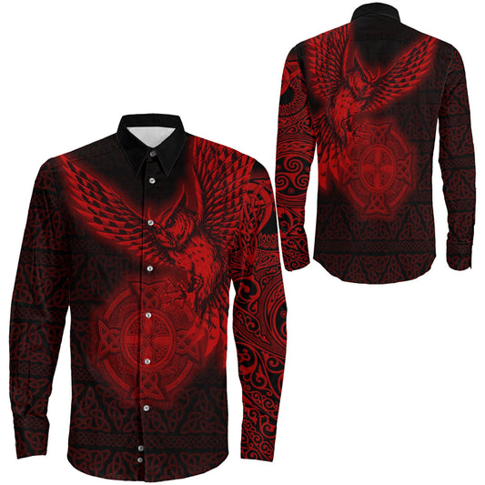 Owl Symbol Red Viking Long Sleeve Button Shirt