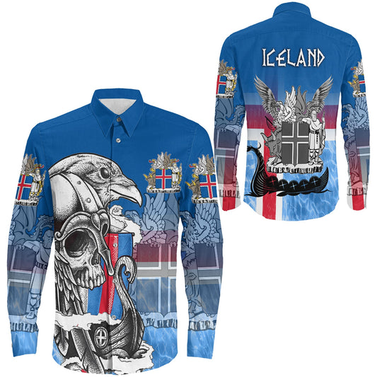 Iceland Raven Drakkar and Skull Long Sleeve Button Shirt