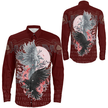 Raven Black and White Red Yggdrasil Long Sleeve Button Shirt