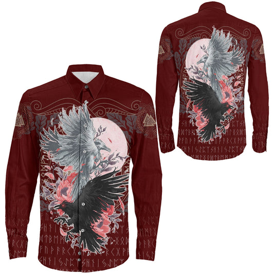 Raven Black and White Red Yggdrasil Long Sleeve Button Shirt