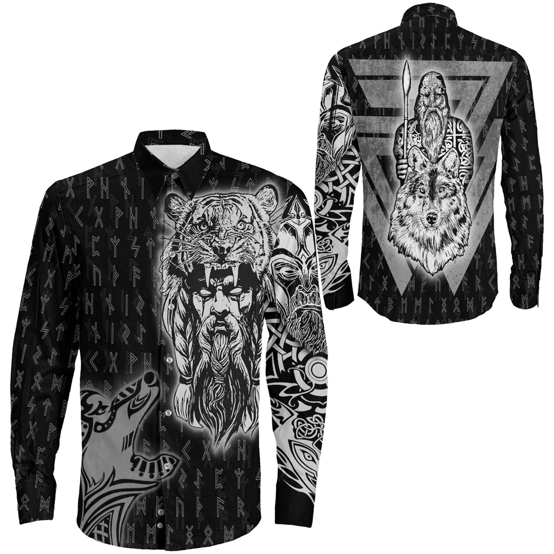 VikingStyle Clothing -Odin and Wolf Viking Long Sleeve Button Shirt