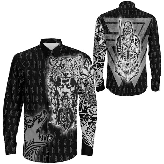 VikingStyle Clothing -Odin and Wolf Viking Long Sleeve Button Shirt