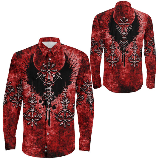 Bird Wing Viking Symbol Red Long Sleeve Button Shirt