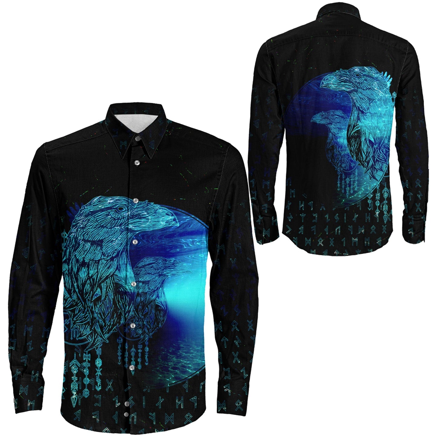 VikingStyle Clothing -Viking Raven Mirrior Cyan Long Sleeve Button Shirt