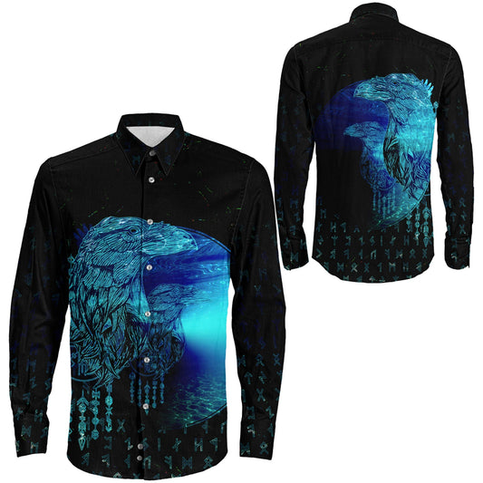 VikingStyle Clothing -Viking Raven Mirrior Cyan Long Sleeve Button Shirt