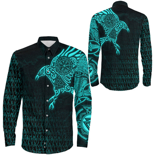 Raven Symbol Turquoise Viking Long Sleeve Button Shirt
