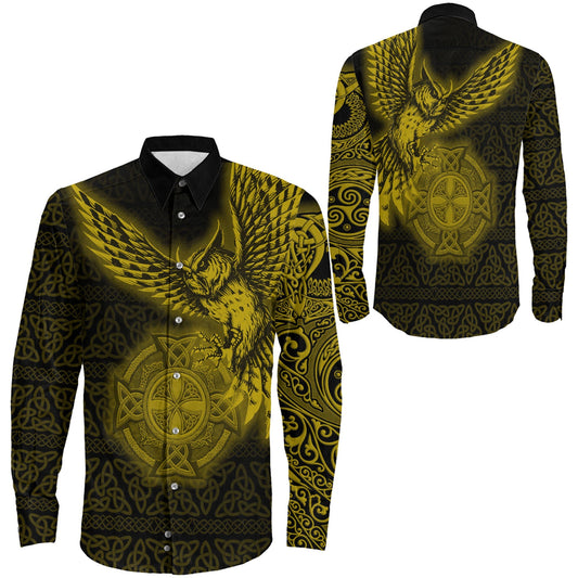 Owl Symbol Gold Viking Long Sleeve Button Shirt