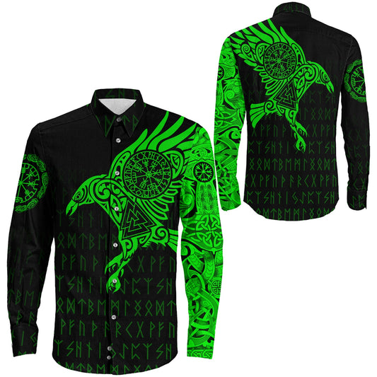 Long Sleeve Button Shirt - The Raven Of Odin Tattoo Green Version 