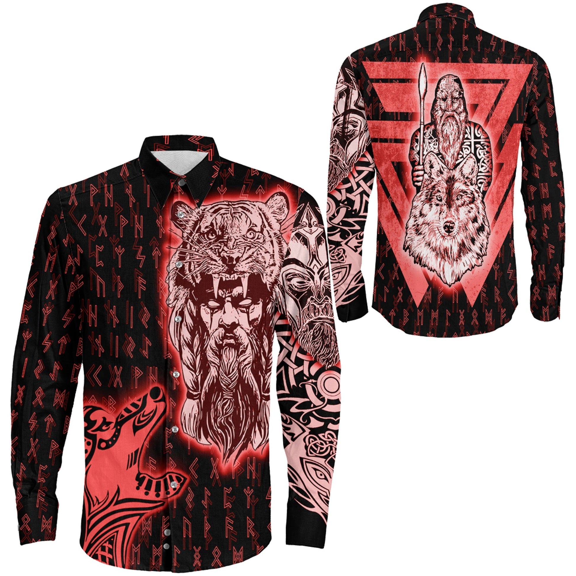 VikingStyle Clothing -Odin and Wolf Viking Red Long Sleeve Button Shirt