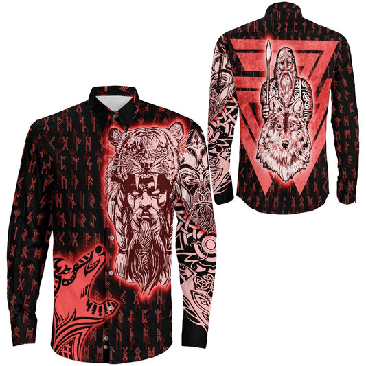VikingStyle Clothing -Odin and Wolf Viking Red Long Sleeve Button Shirt