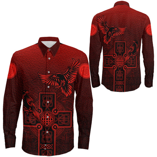 Hugin and Munin Red Leather Background Long Sleeve Button Shirt
