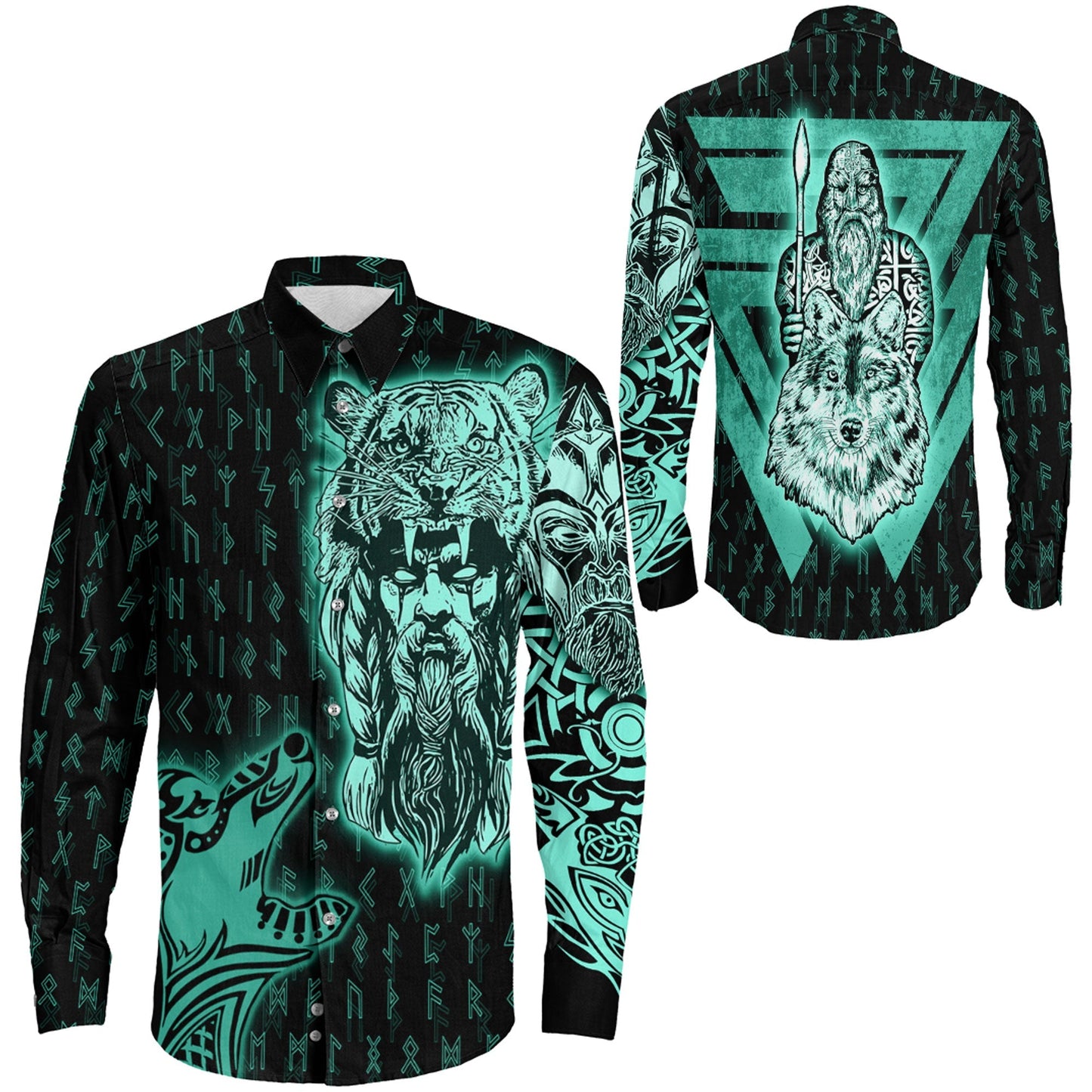 VikingStyle Clothing -Odin and Wolf Viking Turquoise Long Sleeve Button Shirt