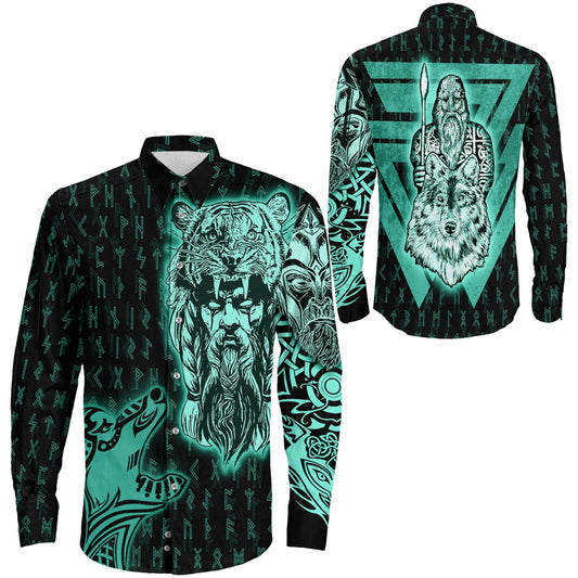 VikingStyle Clothing -Odin and Wolf Viking Turquoise Long Sleeve Button Shirt