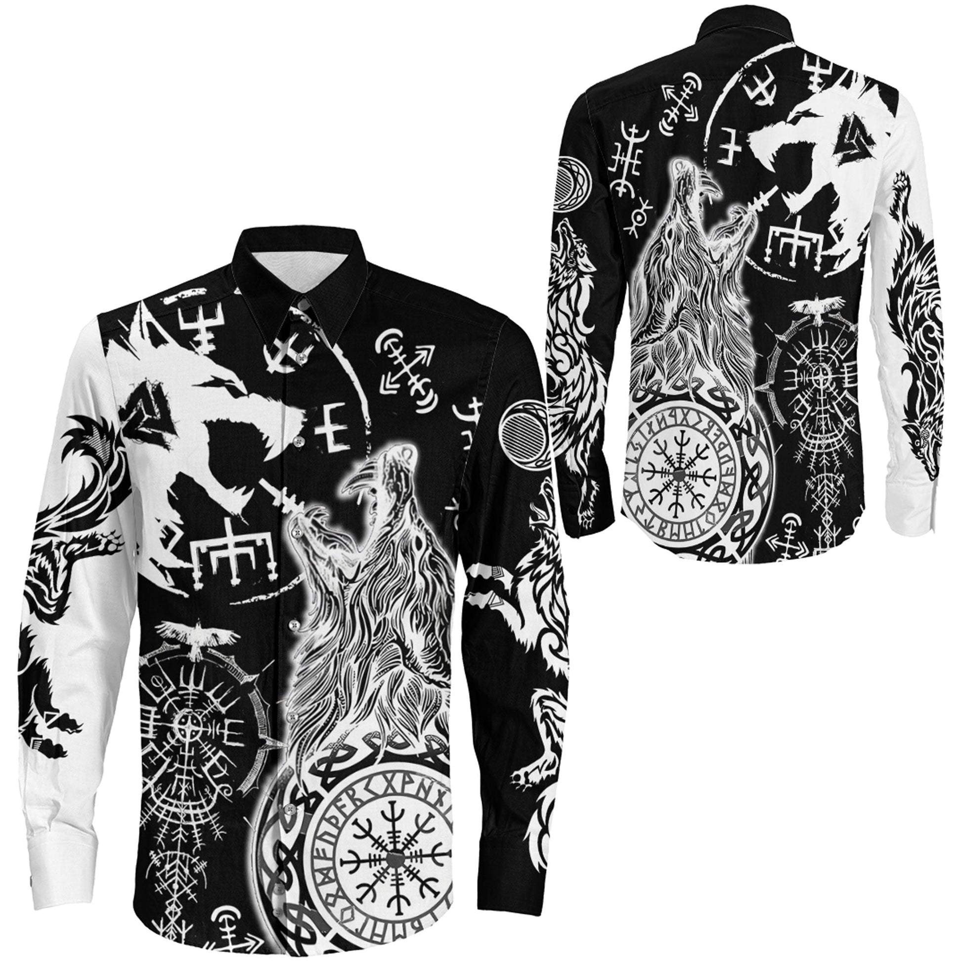 Viking Wolf Fenrir Skoll and Hati Black Long Sleeve Button Shirt