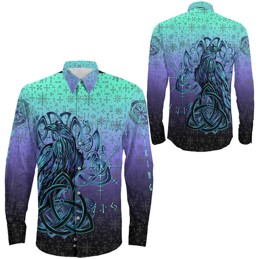 Raven Horn of Odin Cyan Long Sleeve Button Shirt